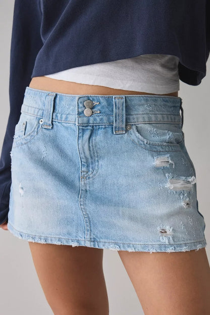 Light Wash Distressed Denim Mini Skirt