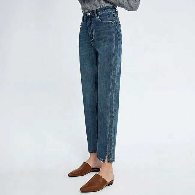 Mid Blue Cropped Straight Leg Jeans