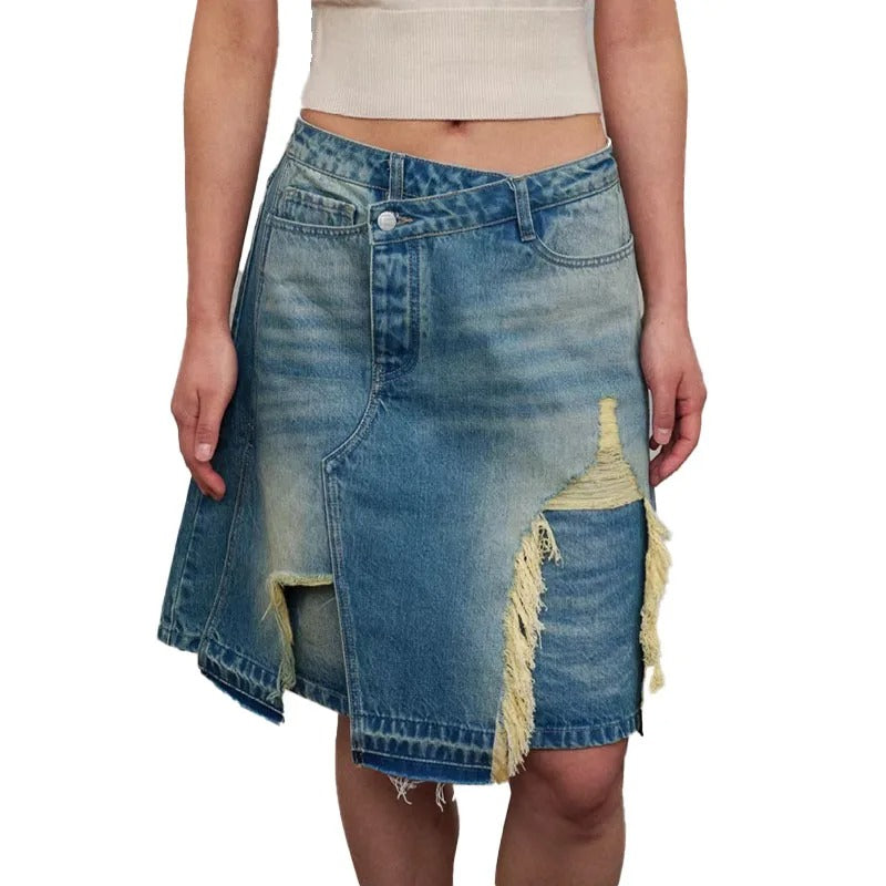 Asymmetrical Distressed Denim Midi Skirt