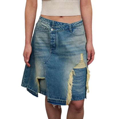 Asymmetrical Distressed Denim Midi Skirt