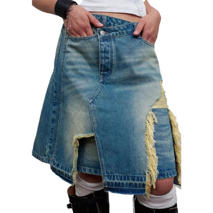 Asymmetrical Distressed Denim Midi Skirt