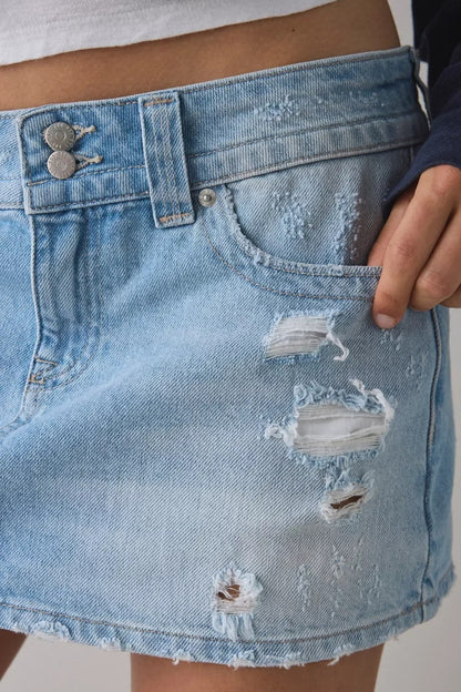 Light Wash Distressed Denim Mini Skirt