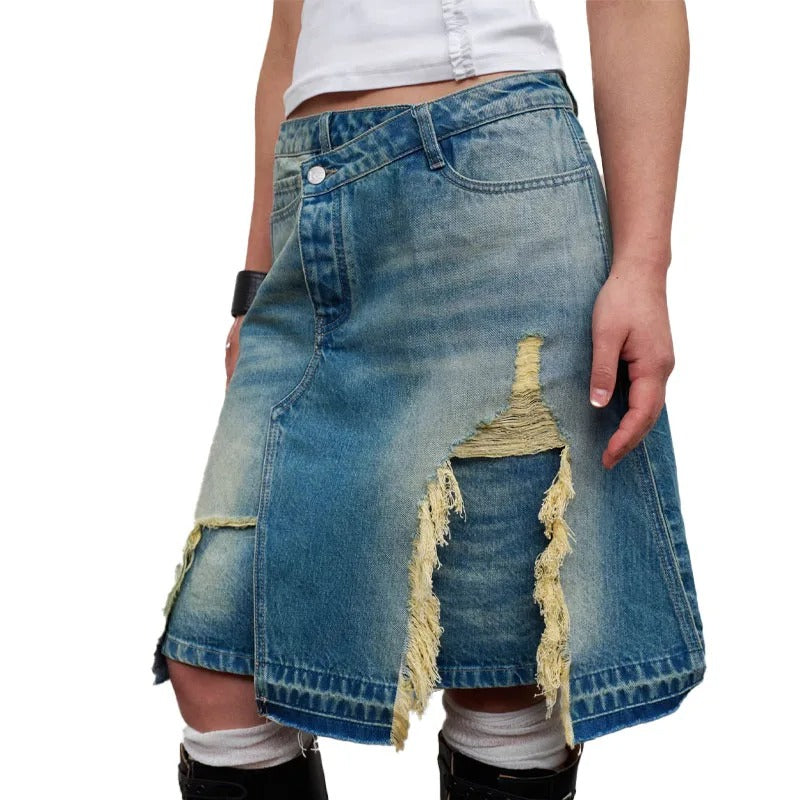 Asymmetrical Distressed Denim Midi Skirt