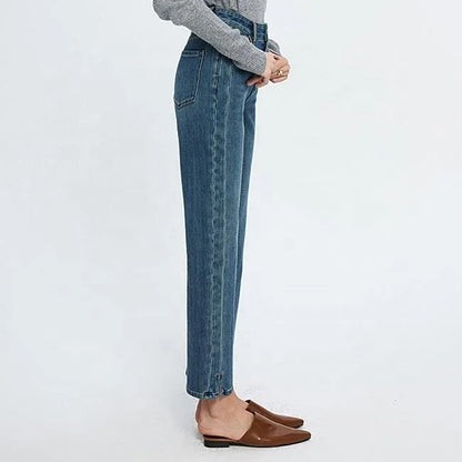 Mid Blue Cropped Straight Leg Jeans