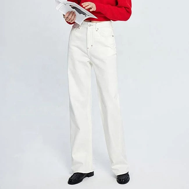 White High-Waist Straight Leg Jeans