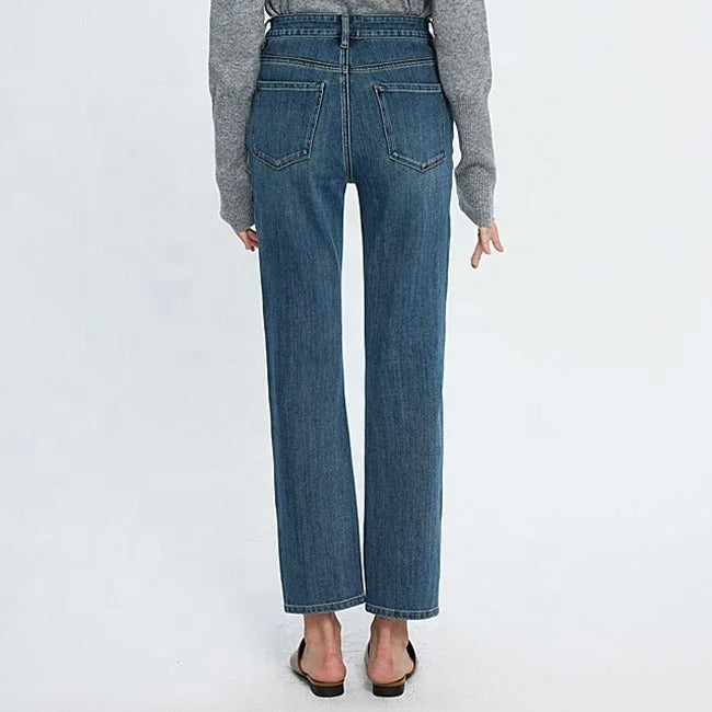 Mid Blue Cropped Straight Leg Jeans