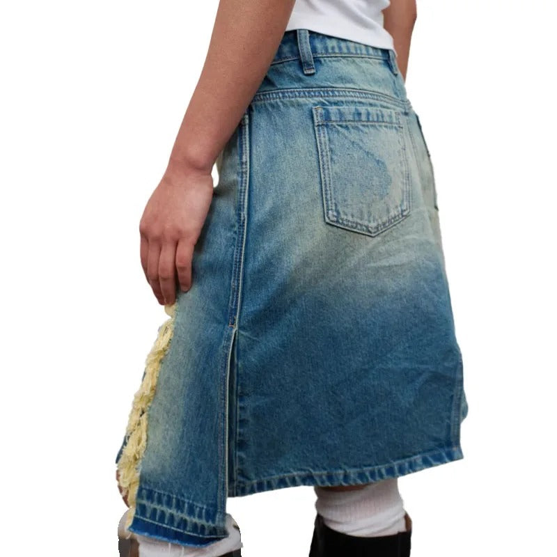 Asymmetrical Distressed Denim Midi Skirt